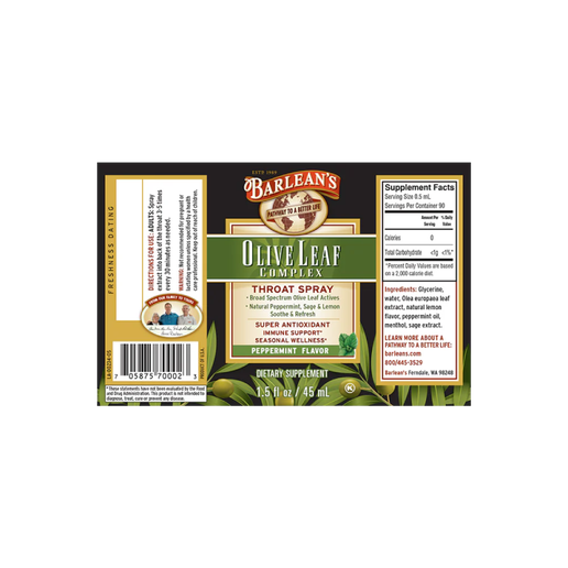 Barlean’s - Olive Leaf Complex (immune Support) Throat Spray - Peppermint - 1.5oz