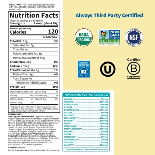 Garden of Life - Raw Organic Protein Powder - Unflavored - 1lb