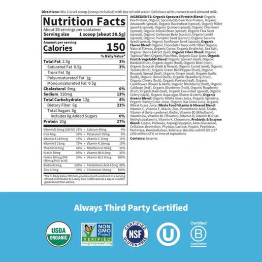 Garden of Life - Raw Organic Meal Replacement Protein Powder - Chocolate - 38oz