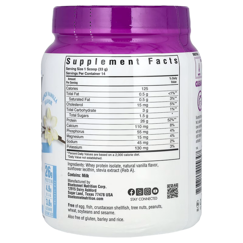 Bluebonnet - 100% Natural Whey Protein Isolate (French Vanilla) - 1lb