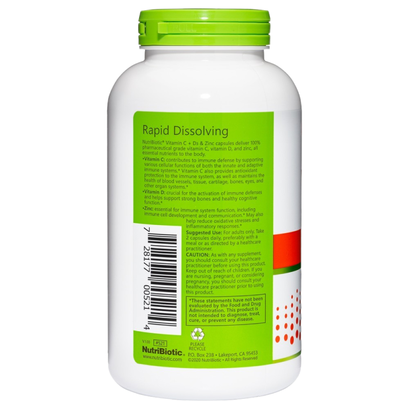 Nutribiotic Vitamin C + Vitamin D3 & Zinc - 250 Capsules