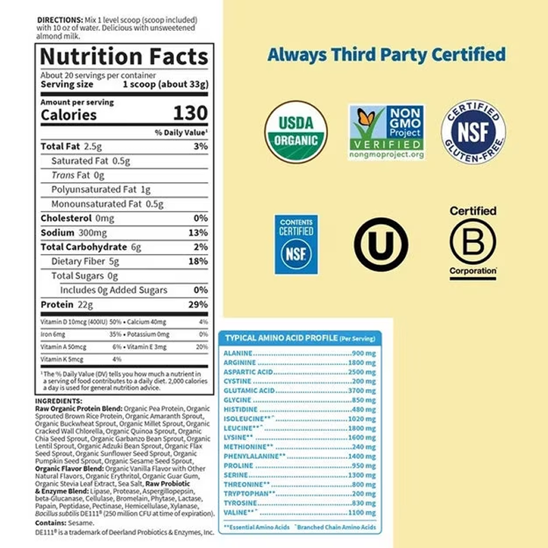 Garden of Life - Raw Organic Protein Powder Protein - Vanilla - 1.7lb