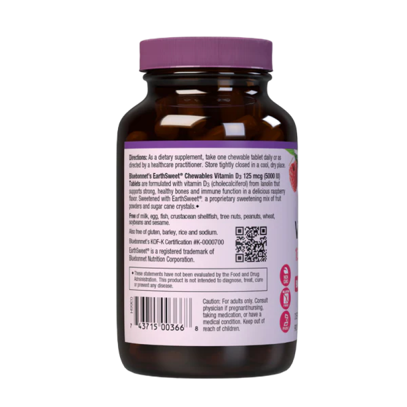 Bluebonnet - Earth Sweet Chewables - Vitamin D3 125 mcg - 90 Tablets (Raspberry)