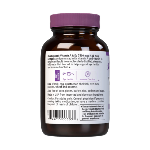 Bluebonnet - Vitamin A & D3 - 7500 mcg - 100 softgels