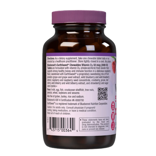 Bluebonnet - Earth Sweet Chewables - Vitamin D3 50mcg (Raspberry Flavor) - 90 Chewable Tablets