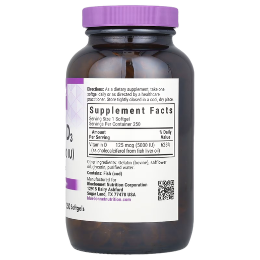 Bluebonnet - Vitamin D3 - 125 mcg (5000 IU) - 250 VCaps