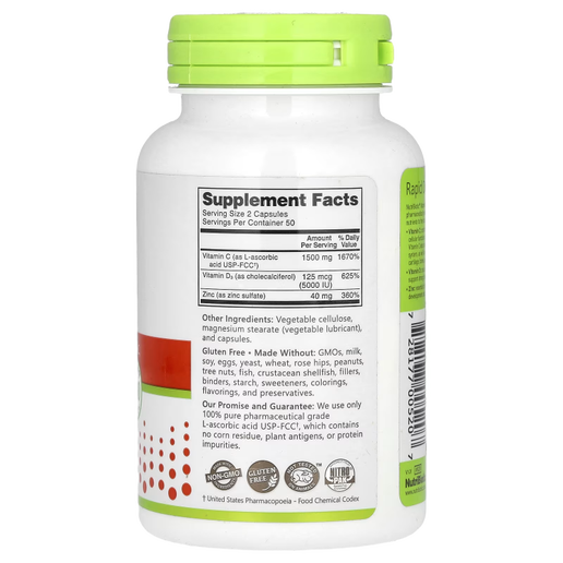 Nutribiotic Immunity Vitamin C + Vitamin D3 & Zinc - 100 Capsules