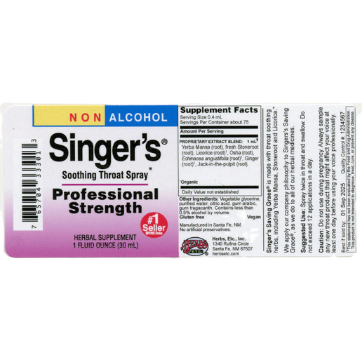 Herbs Etc. - Singer's Saving Grace® Professional Strength Non Alcohol Soothing Throat Spray - 1 oz
