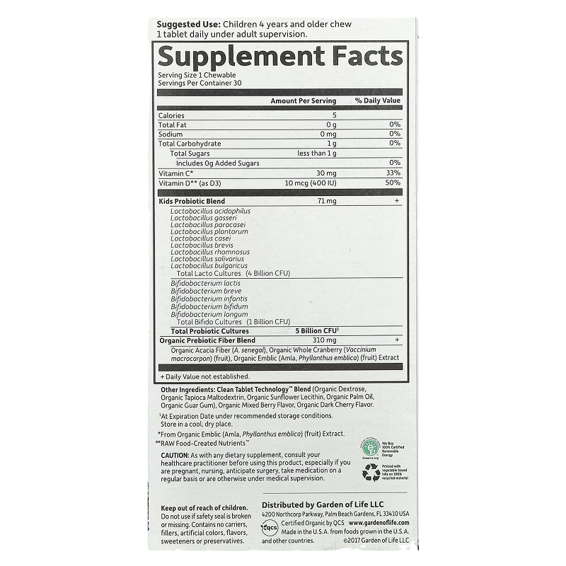 Garden of Life - Dr. Formulated Probiotics Organic Kids+ with Vitamin C & D (Berry Cherry) - 30 Chewables