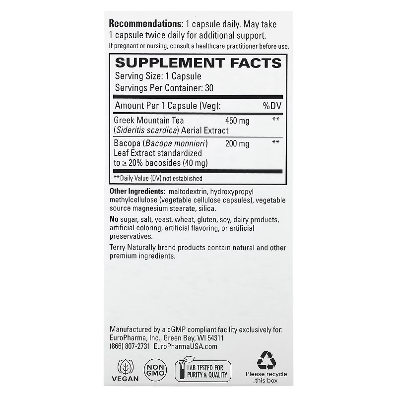 Terry Naturally - Greek Mountain Tea + Bacopa - 30 Capsules
