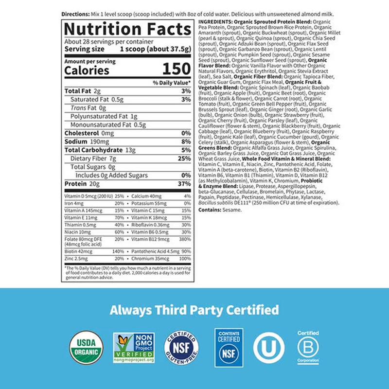 Garden of Life - Raw Organic Meal Replacement Protein Powder - Vanilla - 2.5lb