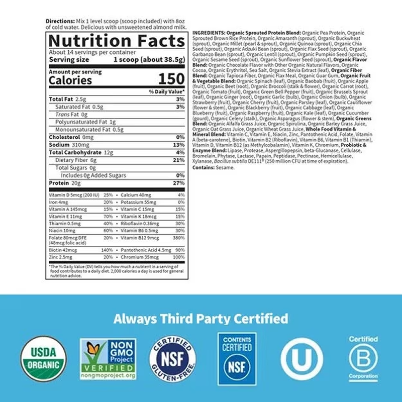Garden of Life - Raw Organic Meal Replacement Protein Powder - Chocolate - 1.3 lb
